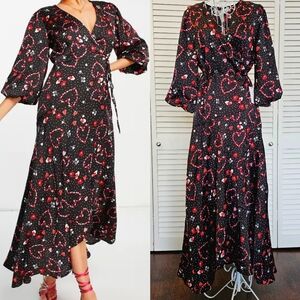 NWT Liquorish Black Pink Red Heart Print Wrap Midi High Low Dress Size 10
